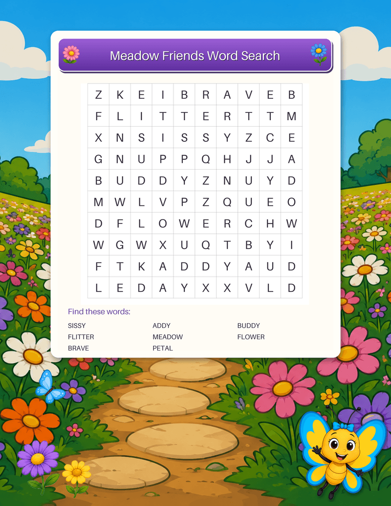 A ten-by-ten letter grid word search hiding the names of Sissy and her meadow friends.