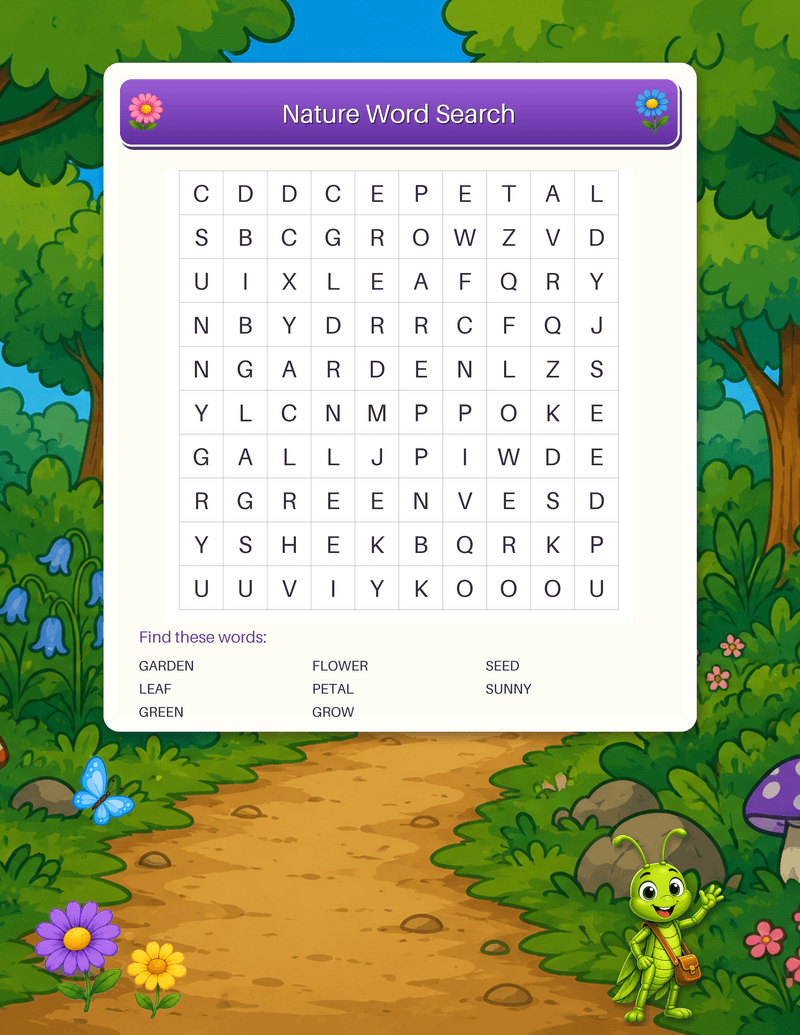A ten-by-ten letter grid word search hiding garden and nature words like flower, seed, and petal.