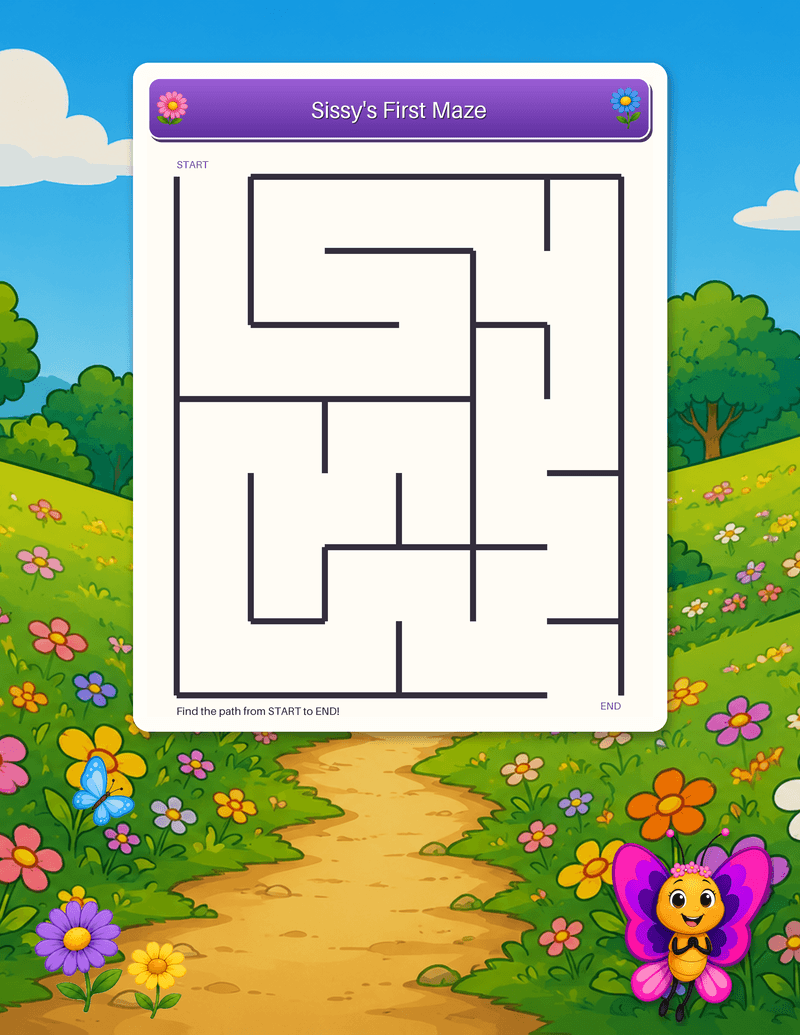 An easy first maze with wide paths, sized for little fingers to trace from START to END.