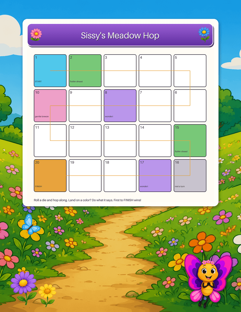 A printable roll-and-move board game with a winding path from start to finish.