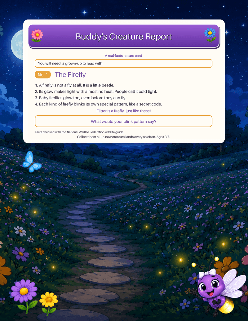 A collectible real-facts nature card about fireflies - four true facts, a wonder question, and the source they were checked against.