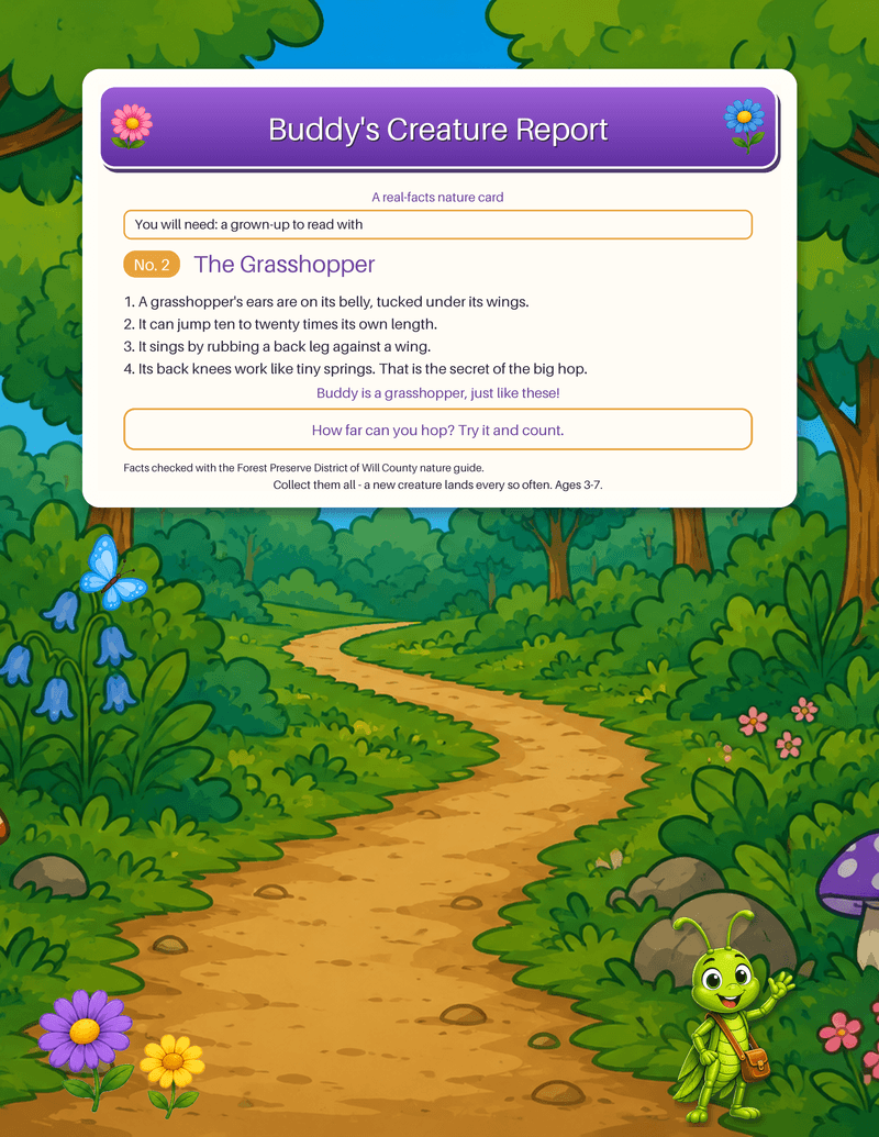 A collectible real-facts nature card about grasshoppers - four true facts, a hop-and-count wonder question, and the source they were checked against.